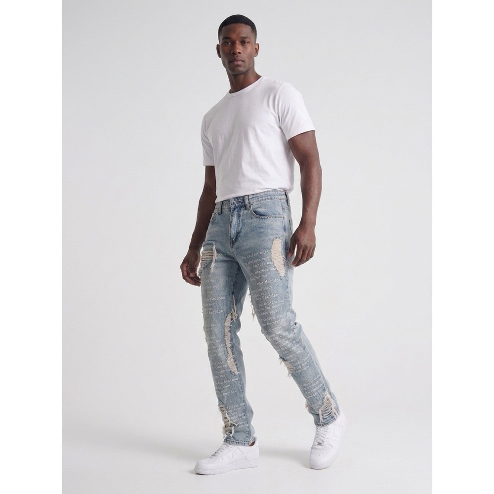 (b42/10)WHO DECIDES WAR Men's Light Wash Distressed Straight Fit Denim Jeans 32